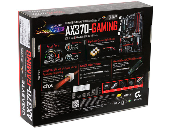 T. Madre Gigabyte GA-AX370-Gaming, Chipset AMD x370, 
Soporta: Procesador AMD 7th Generación A-series / Athlon de Socket AM4, 
Memoria: DDR4 3200(O.C.)/ 2133 MHz, 64GB Max, 
Integrado: Audio HD, Red, USB 3.1 y SATA 3.0, ATX, 
Ptos: 1xPCIEx16, 1xPCIEx
