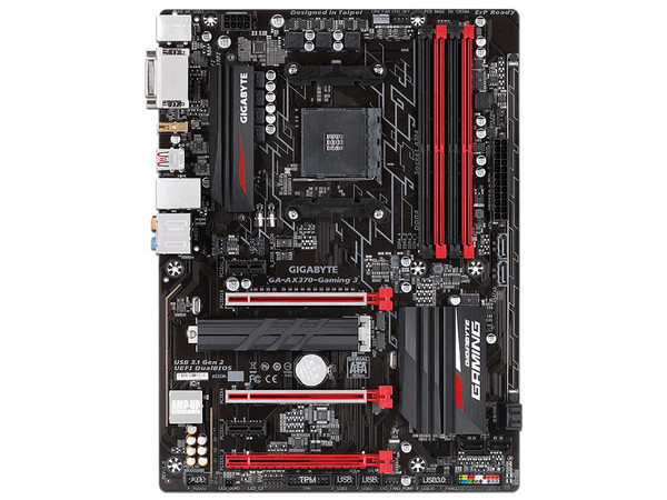 T. Madre Gigabyte GA-AX370-Gaming 3, Chipset AMD x370, 
Soporta: Procesador AMD 7th Generación A-series / Athlon de Socket AM4, 
Memoria: DDR4 3200(O.C.)/ 2133 MHz, 64GB Max,
Integrado: Audio HD, Red, USB 3.1 y SATA 3.0, ATX, 
Ptos: 1xPCIEx16, 1xPCIE