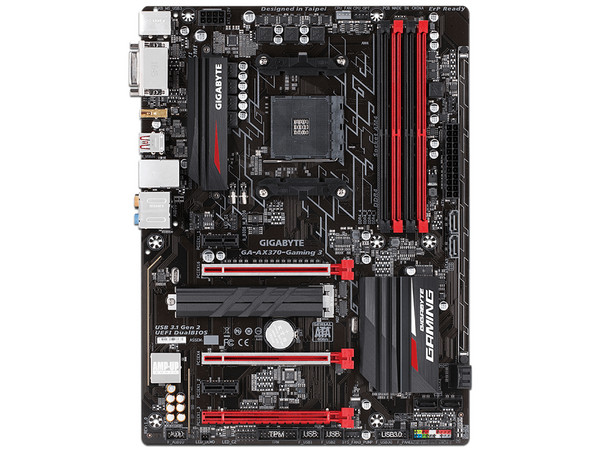 T. Madre Gigabyte GA-AX370-GAMING 3, Chipset AMD x370, 
Soporta: Procesador AMD 7th Gen. A-series / Athlon de Socket AM4, 
Memoria: DDR4 3200(OC)/2400/2133MHz, 64GB Max, 
Integrado: Audio HD, Red, USB 3.1 y SATA 3.0, ATX, 
Ptos: 3xPCIEx16, 2xPCIE2.0x
