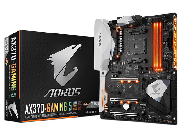 T. Madre Gigabyte AORUS AX370-GAMING 5, ChipSet AMD X370, 
Soporta: AMD Ryzen/ Athlon / 7ma Gen A-Series de Socket AM4,
Memoria: DDR4 3200(O.C.)/2400/2133 MHz, 64GB Max,
Integrado: Audio HD, Red, USB 3.1 y SATA 3.0, 
ATX, Ptos: 2xPCIEx16, 3xPCIEx1.