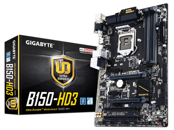T. Madre Gigabyte B150-HD3, Chipset Intel B150,
Soporta: Core i7 / i5 de 6ta Gen., Socket 1151,
Memoria:  DDR4 2133 MHz, 64 GB Max,
Integrado: Audio HD, Red,
USB 3.0 y SATA 3.0,
ATX, Ptos: 3xPCIEx16, 2xPCI.