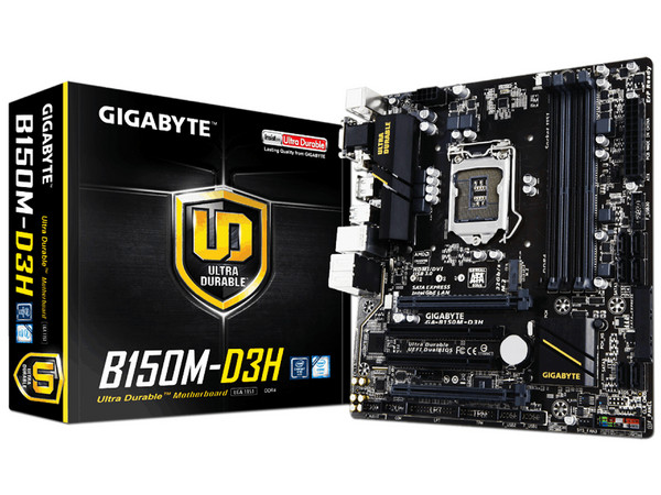 T. Madre Gigabyte GA-B150M-D3H, ChipSet Intel B150,
Soporta: Intel Core i7/Core i5/Core i3/Pentium/Celeron de Socket 1151,
Memoria: DDR4 2133 MHz, 64GB Max,
SATA 3.0, USB 3.0,
Integrado: Audio HD, Red Gigabit,
Micro-ATX.