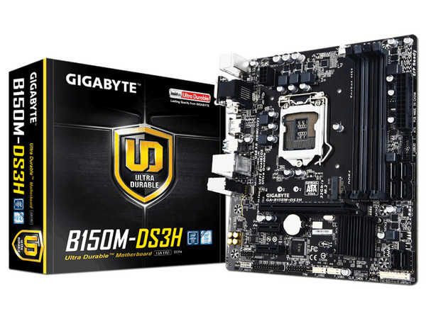 T. Madre Gigabyte GA-B150M-DS3H, Chipset Intel B150,
Soporta: Core i7 / i5 de 6ta Gen., Socket 1151,
Memoria:  DDR4 2133 MHz, 64 GB Max,
Integrado: Audio HD, Red,
USB 3.0 y SATA 3.0,
Micro-ATX, Ptos: 1xPCIEx16.