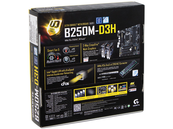 T. Madre GIGABYTE GA-B250M-D3H, ChipSet Intel B250,
Soporta: Intel Core i7 / i5 / i3 / Pentium de 6ta y 7ma gen.., de Socket 1151,
Memoria: DDR4 2400(O.C.) / 2133 MHz, 64GB Max,
Integrado: Audio HD, Red, 
Micro-ATX, Ptos: 2xPCIEx16, 1xPCIE.