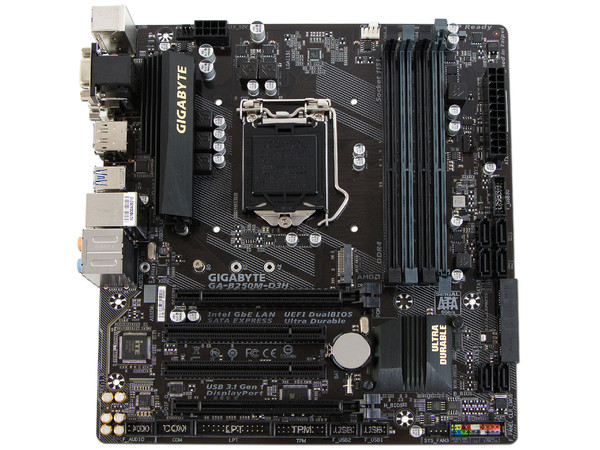T. Madre GIGABYTE GA-B250M-D3H, ChipSet Intel B250,
Soporta: Intel Core i7 / i5 / i3 / Pentium de 6ta y 7ma gen.., de Socket 1151,
Memoria: DDR4 2400(O.C.) / 2133 MHz, 64GB Max,
Integrado: Audio HD, Red, 
Micro-ATX, Ptos: 2xPCIEx16, 1xPCIE.
