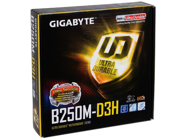 T. Madre GIGABYTE GA-B250M-D3H, ChipSet Intel B250,
Soporta: Intel Core i7 / i5 / i3 / Pentium de 6ta y 7ma gen.., de Socket 1151,
Memoria: DDR4 2400(O.C.) / 2133 MHz, 64GB Max,
Integrado: Audio HD, Red, 
Micro-ATX, Ptos: 2xPCIEx16, 1xPCIE.