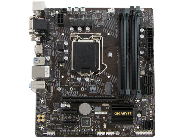 T. Madre Gigabyte GA-B250M-DS3H, ChipSet Intel B250,
Soporta: Core i7/i5/i3/Pentium de Socket 1151,
Memoria: DDR4 2133 MHz, 64GB Max,
Integrado: Audio HD, Red,
USB 3.0 y SATA 3.0,
Micro ATX, Ptos: 1xPCIEX16, 2xPCIEX1