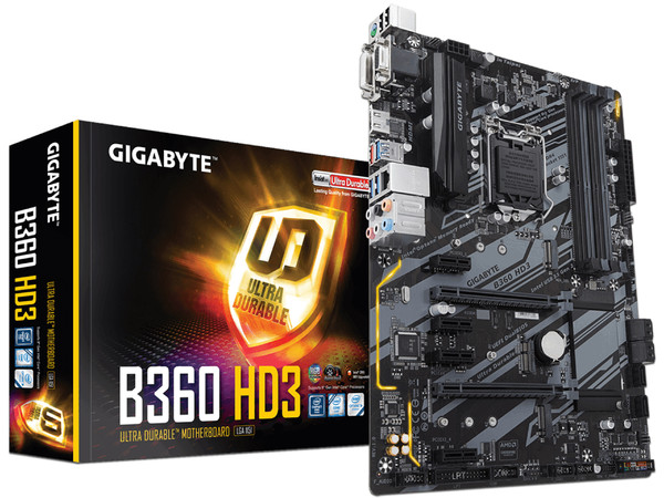 T. Madre Gigabyte B360 HD3, Chipset Intel B360,
Soporta: Intel Core i7 / i5 / i3 de 8va Gen., Socket 1151,
Memoria: DDR4 2666/2400/2133 MHz, 64GB Max,
Integrado: Audio HD, Red,
USB 3.1 y SATA 3.0, M.2,
ATX, Ptos: 2xPCIEx16