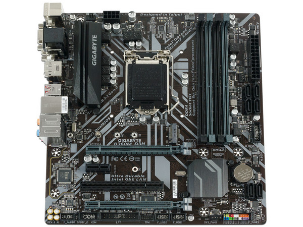 T. Madre GIGABYTE B360M D3H, Chipset Intel B360,
Soporta: Core i7 / i5 / i3 de 8va Gen., Socket 1151,
Memoria: DDR4 2666/2400/2133 MHz, 64GB Max,
Integrado: Audio HD, Red,
USB 3.1 y SATA 3.0, M.2,
MicroATX, Ptos: 2xPCIEx16, 2xPCIEx1