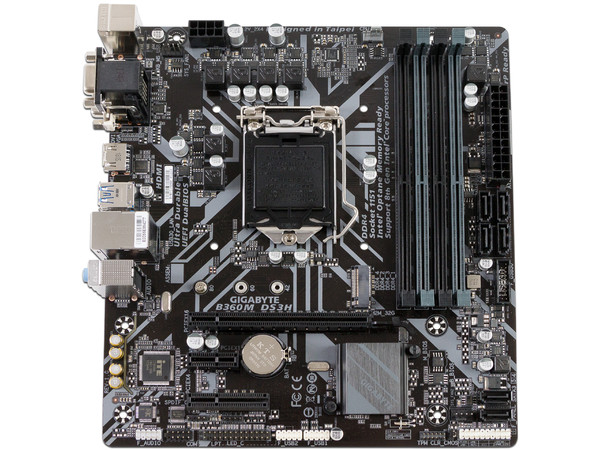 T. Madre Gigabyte GA-B360M-DS3H, Chipset Intel B360,
Soporta: Intel Core i7 / i5 / i3 de 8va Gen., Socket 1151,
Memoria: DDR4 2666/2400/2133 MHz, 64GB Max,
Integrado: Audio HD, Red,
USB 3.1 y SATA 3.0,
Micro-ATX, Ptos: 1xPCIEx16, 1xPCIEx4, 1PCIEx1.