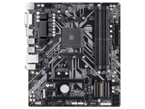 T. Madre GIGABYTE B450M DS3H, Chipset AMD B450,
Soporta: AMD Ryzen 3ra, 2da y 1ra Gen.,
Memoria: DDR4 3600(O.C.) / 3200 / 2133 MHz, 128GB Máx.,
Integrado: Audio HD, Red, USB 3.0, M.2,
Micro ATX, Incluye AMD Ryzen 3 4350G Pro.
