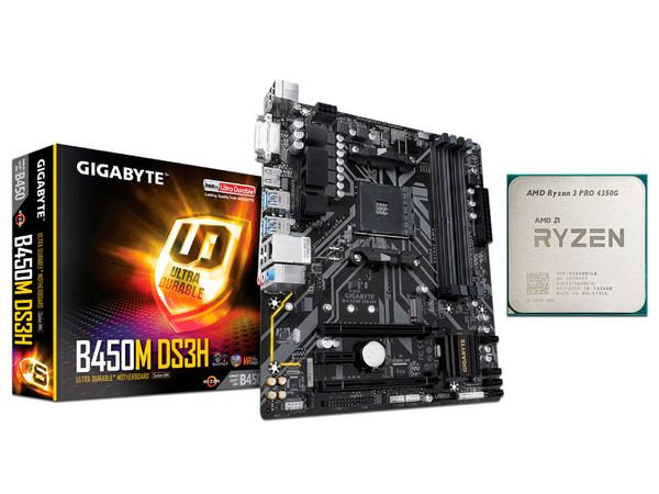 T. Madre GIGABYTE B450M DS3H, Chipset AMD B450,
Soporta: AMD Ryzen 3ra, 2da y 1ra Gen.,
Memoria: DDR4 3600(O.C.) / 3200 / 2133 MHz, 128GB Máx.,
Integrado: Audio HD, Red, USB 3.0, M.2,
Micro ATX, Incluye AMD Ryzen 3 4350G Pro.