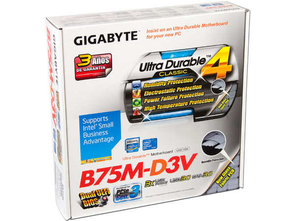 T. Madre Gigabyte B75M-D3V, ChipSet Intel B75 Exp.,
Soporta: Core i7/i5/i3 de Socket 1155, 
Memoria: DDR3 2200(OC)/1600/1333/1066MHz, 16 GB Max, 
Integrado: Audio HD, Red,
USB 3.0 y Serial ATA 3.0, 
MicroATX, Ptos: 1xPCIEx16, 2xPCIEx1.