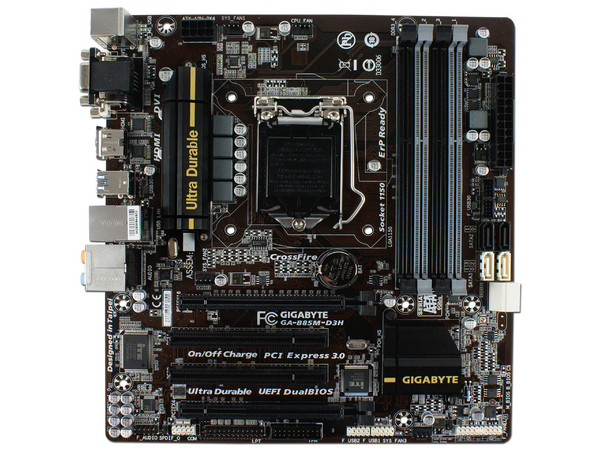 T. Madre Gigabyte B85M-D3H Chipset Intel B85 Exp.,
Soporta: Core i7/i5/i3 de Socket 1150,
Memoria: DDR3 1600/1333 MHz 32GB Max,
Integrado: Audio HD, Red,
USB 3.0 y SATA 3.0,
Micro-ATX, Ptos: 2xPCIEx16, 2xPCI.