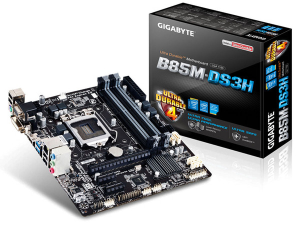 T. Madre Gigabyte B85M-DS3H Chipset Intel B85 Exp.,
 Soporta: Core i3 / i5 / i7 / Pentium / Celeron de Socket 1150,
 Memoria: DDR3 1600/1333 MHz 32GB Max,
 Integrado: Audio HD,
Red,
 USB 3.0 y SATA 3.0,
 Micro-ATX,
Ptos: 1xPCIE 3.0 x16,
2xPCI.