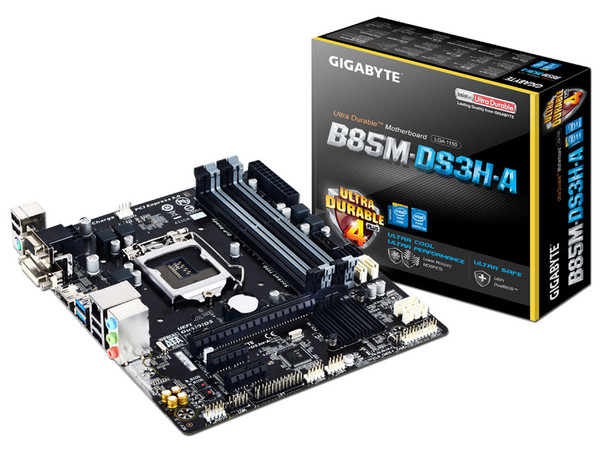T. Madre GIGABYTE B85M-DS3H-A, ChipSet Intel B85,
Soporta: Core i7/i5/i3 de Socket 1150,
Memoria: DDR3 1600/1333 MHz, 32GB Max,
Integrado: Audio HD, Red,
USB 3.0 y SATA 3.0,
Micro-ATX, Ptos: 1xPCIEx16, 2xPCIEx1