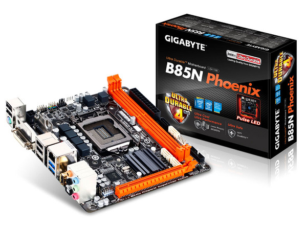 T. Madre Gigabyte GA-B85N Phoenix, ChipSet Intel B85,
Soporta: Core i7/i5/i3/Pentium/Celeron de Socket 1150,
Memoria: DDR3 1600/1333 MHz, 16GB Max,
Integrado: Audio HD,
USB 3.0 y SATA 3.0,
Mini ITX, Ptos: 1xPCIEx16, 1xPCIEx1