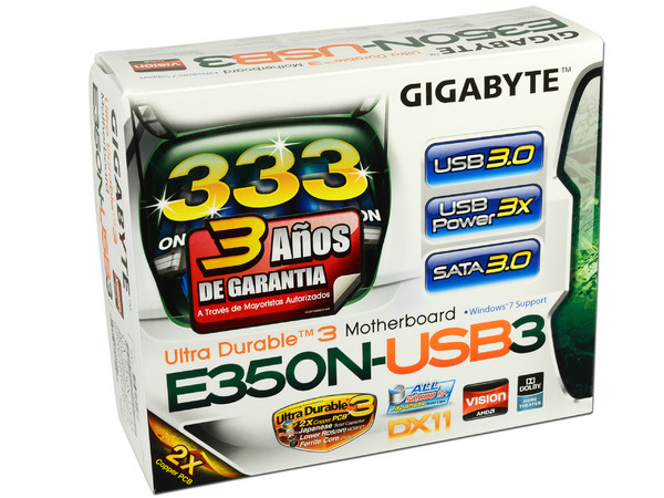 T. Madre Gigabyte GA-E350N-USB3,
Procesador AMD E-350 D.C. (1.6GHz) con
Video Radeon HD 6310,
USB 3.0 y Serial ATA 3.0,
Memoria: DDR3 1333(OC)/1066MHz, 8GB Max,
Diseño: Mini-ITX, Ptos: 1xPCIEX16