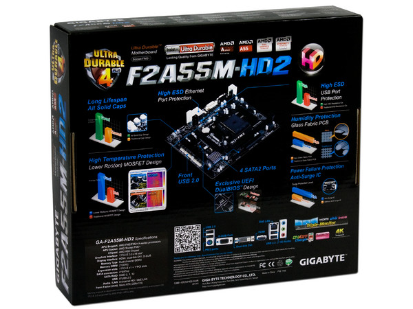 T. Madre Gigabyte F2A55M-HD2, Chipset AMD A55,
Soporta: AMD A10/ A8 /A6 /A4 de Socket FM2,
Memoria: DDR3 1866/1600/1333/1066 MHz, 64GB Max,
Integrado: Audio HD, Red,
Micro-ATX, Ptos: 1xPCIEX16, 1xPCIEX1, 1PCI.