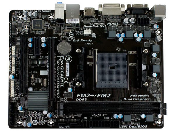 T. Madre Gigabyte F2A55M-HD2, Chipset AMD A55,
Soporta: AMD A10/ A8 /A6 /A4 de Socket FM2,
Memoria: DDR3 1866/1600/1333/1066 MHz, 64GB Max,
Integrado: Audio HD, Red,
Micro-ATX, Ptos: 1xPCIEX16, 1xPCIEX1, 1PCI.