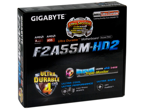 T. Madre Gigabyte F2A55M-HD2, Chipset AMD A55,
Soporta: AMD A10/ A8 /A6 /A4 de Socket FM2,
Memoria: DDR3 1866/1600/1333/1066 MHz, 64GB Max,
Integrado: Audio HD, Red,
Micro-ATX, Ptos: 1xPCIEX16, 1xPCIEX1, 1PCI.