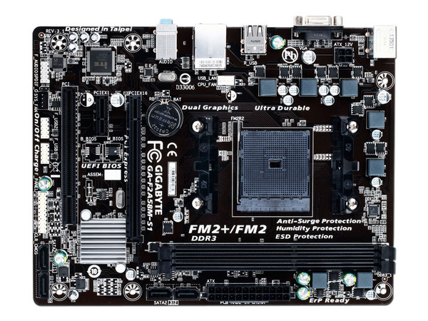 GIGABYTE MB GA-F2A58M-S1, FM2+ SOCKET AMD A SERIES PROCESSORS AMD ATHLON SERIES PROCESSORS, CHIPSET AMD A58, 2 X 1.5V DDR3 DIMM UP 64GB, 1 X D-SUB, 1 X DVI-D, 1 X HDMI, SUPPORT FOR WINDOWS 8.1/8/7