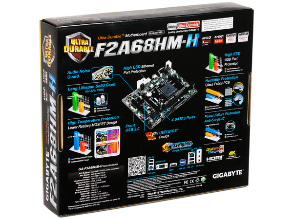 T. Madre Gigabyte GA-F2A68HM-H, ChipSet AMD A68H.
Soporta: AMD A10/ A8/ A6/ AthlonX4 de Socket FM2+,
Memoria: DDR3 2400(O.C.)/1600/1333 MHz, 64GB Max,
Integrado: Audio HD, Red,
Micro ATX, Ptos: 1xPCIEx16, 1xPCIEx1, 1xPCI