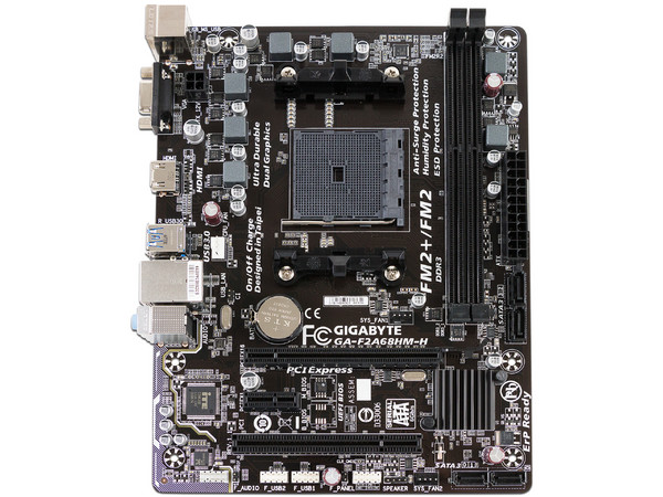 T. Madre Gigabyte GA-F2A68HM-H, ChipSet AMD A68H.
Soporta: AMD A10/ A8/ A6/ AthlonX4 de Socket FM2+,
Memoria: DDR3 2400(O.C.)/1600/1333 MHz, 64GB Max,
Integrado: Audio HD, Red,
Micro ATX, Ptos: 1xPCIEx16, 1xPCIEx1, 1xPCI