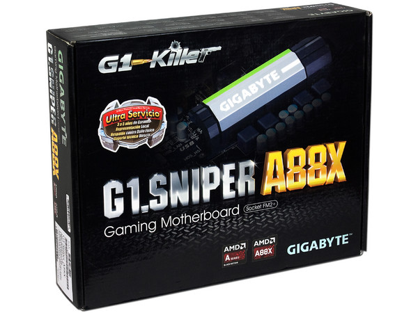 T. Madre Gigabyte G1.G1.SNIPER A88X, ChipSet AMD A88X,
Soporta: A10, A8, A6, A4, Athlon X4 de Socket FM2+,
Memoria: 2400(OC)/2133/1866/1600/1333 MHz, 64GB Max,
Integrado: Audio HD, Red,
USB 3.0 y SATA 3.0,
ATX, Ptos: 1xPCIEx16, 3xPCIEx1.