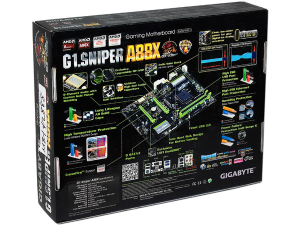 T. Madre Gigabyte G1.G1.SNIPER A88X, ChipSet AMD A88X,
Soporta: A10, A8, A6, A4, Athlon X4 de Socket FM2+,
Memoria: 2400(OC)/2133/1866/1600/1333 MHz, 64GB Max,
Integrado: Audio HD, Red,
USB 3.0 y SATA 3.0,
ATX, Ptos: 1xPCIEx16, 3xPCIEx1.