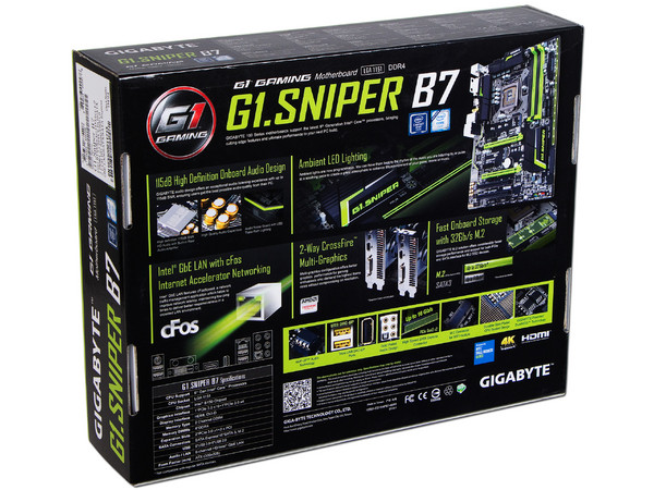 T. Madre Gigabyte G1.Sniper B7, ChipSet Intel B150 Exp.,
Soporta: Core i7/i5/i3/Pentium de Socket 1151,
Memoria: DDR4 2133 MHz, 64GB Max,
Integrado: Audio HD, Red,
USB 3.0 y SATA 3.0,
ATX, Ptos: 2xPCIEX16, 2xPCIEX1, 2xPCI