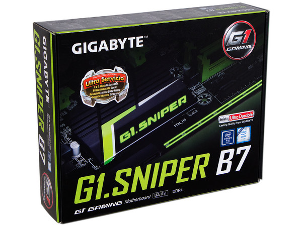 T. Madre Gigabyte G1.Sniper B7, ChipSet Intel B150 Exp.,
Soporta: Core i7/i5/i3/Pentium de Socket 1151,
Memoria: DDR4 2133 MHz, 64GB Max,
Integrado: Audio HD, Red,
USB 3.0 y SATA 3.0,
ATX, Ptos: 2xPCIEX16, 2xPCIEX1, 2xPCI