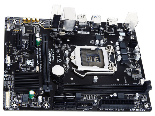 T. Madre Gigabyte GA-H110M-A, ChipSet Intel H110,
Soporta: Intel Core i7/Core i5/Core i3/Pentium/Celeron de Socket 1151,
Memoria: DDR4 2400/2133 MHz, 32GB Max,
SATA 3.0, USB 3.0,
Integrado: Audio HD, Red Gigabit,
Micro-ATX.