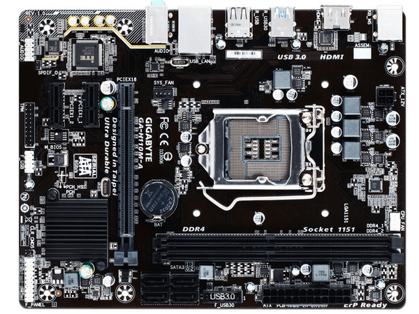 T. Madre Gigabyte GA-H110M-A, ChipSet Intel H110,
Soporta: Intel Core i7/Core i5/Core i3/Pentium/Celeron de Socket 1151,
Memoria: DDR4 2400/2133 MHz, 32GB Max,
SATA 3.0, USB 3.0,
Integrado: Audio HD, Red Gigabit,
Micro-ATX.