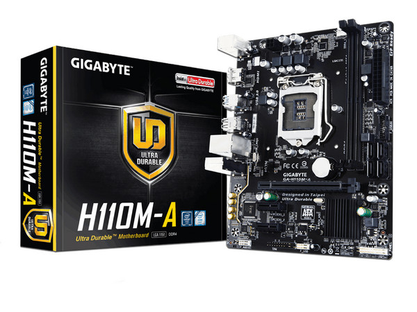 T. Madre Gigabyte GA-H110M-A, ChipSet Intel H110,
Soporta: Intel Core i7/Core i5/Core i3/Pentium/Celeron de Socket 1151,
Memoria: DDR4 2400/2133 MHz, 32GB Max,
SATA 3.0, USB 3.0,
Integrado: Audio HD, Red Gigabit,
Micro-ATX.