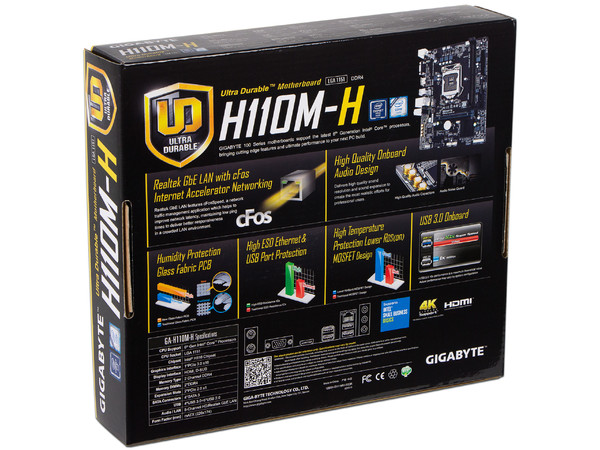 T. Madre Gigabyte GA-H110M-H, ChipSet Intel H110,
Soporta: Intel Core i7/Core i5/Core i3/Pentium/Celeron de Socket 1151,
Memoria: DDR4 2133 MHz, 32GB Max,
SATA 3.0, USB 3.0,
Integrado: Audio HD, Red Gigabit,
Micro-ATX.