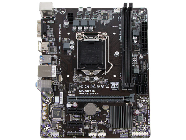 T. Madre Gigabyte GA-H110M-H, ChipSet Intel H110,
Soporta: Intel Core i7/Core i5/Core i3/Pentium/Celeron de Socket 1151,
Memoria: DDR4 2133 MHz, 32GB Max,
SATA 3.0, USB 3.0,
Integrado: Audio HD, Red Gigabit,
Micro-ATX.