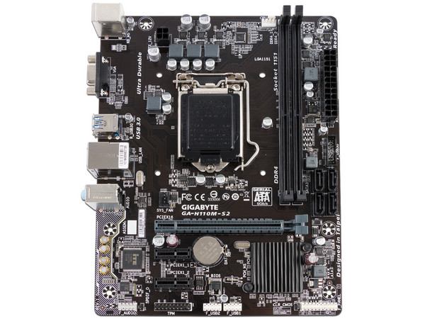 T. Madre Gigabyte GA-H110M-S2, ChipSet Intel H110,
Soporta: Intel Core i7/Core i5/Core i3/Pentium/Celeron de Socket 1151,
Memoria: DDR4 2133 MHz, 32GB Max,
SATA 3.0, USB 3.0,
Integrado: Audio HD, Red Gigabit,
Micro-ATX.