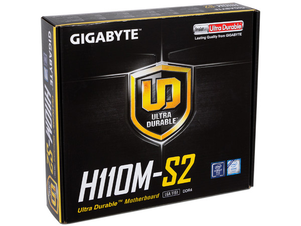 T. Madre Gigabyte GA-H110M-S2, ChipSet Intel H110,
Soporta: Intel Core i7/Core i5/Core i3/Pentium/Celeron de Socket 1151,
Memoria: DDR4 2133 MHz, 32GB Max,
SATA 3.0, USB 3.0,
Integrado: Audio HD, Red Gigabit,
Micro-ATX.