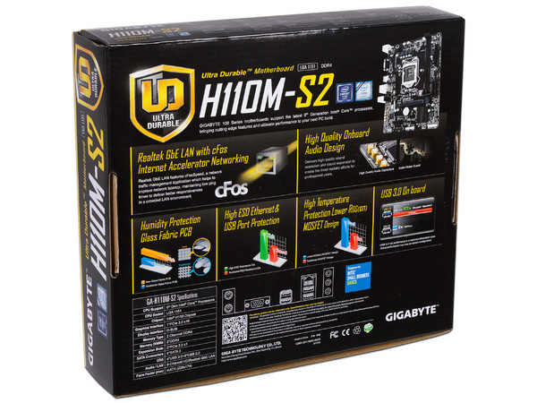 T. Madre Gigabyte GA-H110M-S2, ChipSet Intel H110,
Soporta: Intel Core i7/Core i5/Core i3/Pentium/Celeron de Socket 1151,
Memoria: DDR4 2133 MHz, 32GB Max,
SATA 3.0, USB 3.0,
Integrado: Audio HD, Red Gigabit,
Micro-ATX.