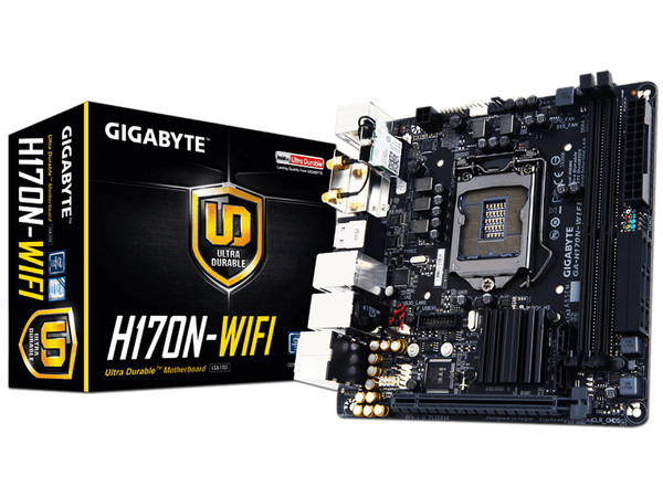 T. Madre Gigabyte GA-H170N-WI-FI, Chipset Intel H170 Exp.,
Soporta: Core i7 / i5 de 6ta Gen., Socket 1151,
Memoria: DDR4 2133 MHz, 32GB Max,
Integrado: Audio HD, Red, Wi-Fi,
USB 3.0 y SATA 3.0,
Mini-ITX, Ptos: 1xPCIE 3.0 x16.