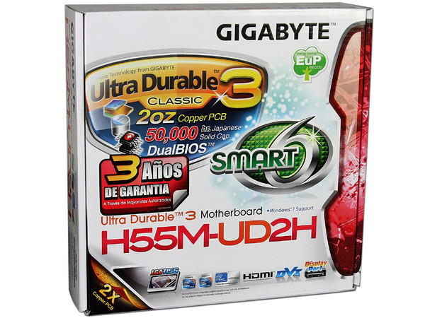 T. Madre Gigabyte GA-H55M-UD2H, ChipSet Intel H55 Exp.,
Soporta: Core i7, Core i5 y Core i3 de Socket 1156,
Integrado: Audio 5.1, Red 10/100/1000,
Memoria: DDR3 2200+/1066MHz, 16GB Max,
mATX, Ptos: 2xPCE, 2xPCI