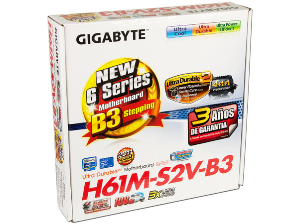 T. Madre Gigabyte GA-H61M-S2V-B3, ChipSet Intel H61 Exp.,
Soporta: Core i7/i5/i3 de Socket 1155,
Memoria: DDR3 1333/1066/800MHz, 16GB Max, 
Integrado: Audio HD, Red, 
Micro-ATX, Ptos: 1xPCIEx16, 3xPCIEx1.