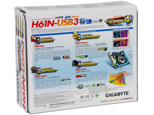 T. Madre Gigabyte H61N-USB3, ChipSet Intel H61 Exp.,
Soporta: Core i7/ i5/ i3/ de Socket 1155,
Memoria: DDR3 1333/1066/800 MHz, 16GB Max,
Integrado: Audio HD, Red,
USB 3.0,
Mini-ITX, Ptos: 1xPCIEx16.