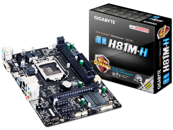 T. Madre GIGABYTE GA-H81M-H, Chipset Intel H81, 
Soporta: Core i7 / i5 / i3 de 4ta Gen., Socket 1150, 
Memoria: DDR3 1600/1333 MHz, 16GB Max, 
Integrado: Audio Realtek HD, Red Gigabit, 
USB  3.0 y SATA 3.0, Micro-ATX, Ptos: 1xPCIE x16.

