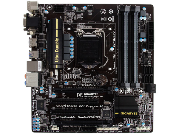 T. Madre Gigabyte H87M-D3H Chipset Intel H87 Exp.,
Soporta: Core i7/i5/i3 de Socket 1150,
Memoria: DDR3 1600/1333 MHz 32GB Max,
Integrado: Audio HD, Red,
USB 3.0 y SATA 3.0,
Micro-ATX, Ptos: 1xPCIE 3.0 X16, 1xPCIEX16.