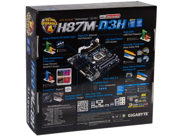 T. Madre Gigabyte H87M-D3H Chipset Intel H87 Exp.,
Soporta: Core i7/i5/i3 de Socket 1150,
Memoria: DDR3 1600/1333 MHz 32GB Max,
Integrado: Audio HD, Red,
USB 3.0 y SATA 3.0,
Micro-ATX, Ptos: 1xPCIE 3.0 X16, 1xPCIEX16.