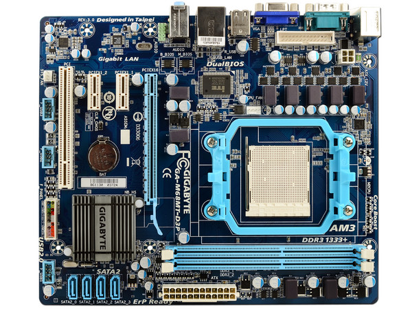 T. Madre Gigabyte GA-M68MT-D3P, ChipSet Nvidia GeForce 7025,
Soporta: Phenom II X4, Socket AM3,
Integrado: Video Nvidia GeForce 7025, Audio HD, Red,
Memoria: DDR3 1333(OC)/1066/ 800MHZ, Max. 8GB,
Micro-ATX, Ptos: 1xPCIEX16, 2xPCIEX1, 1xPCI