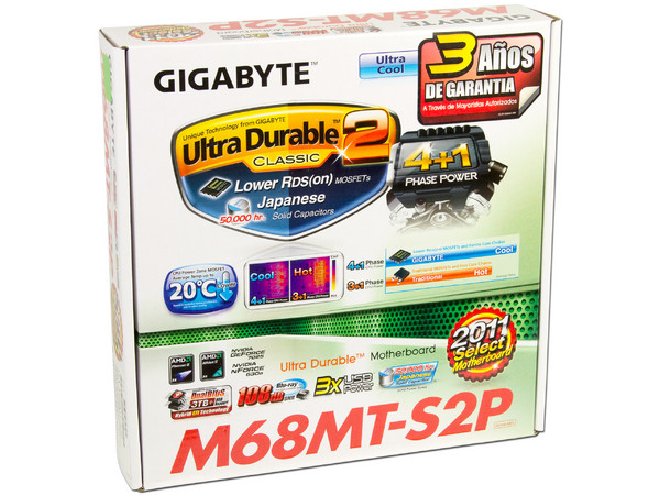 T. Madre Gigabyte GA-M68MT-S2P, Chipset GeForce 7025,
Soporta: Phenom II X6, Socket AM3,
Integrado: Audio HD, Red, Video Nvidia GeForce 7025,
Memoria: DDR3 1333(O.C.)/1066/800MHz, Max 8GB, 
Diseño mATX, Ptos: 1xPCIEX16, 2xPCIEX1, 1xPCI
