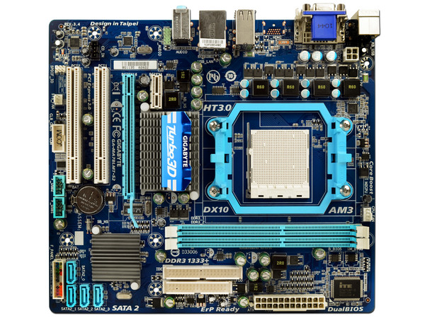 T. Madre Gigabyte GA-MA78LMT-S2, ChipSet AMD 760G,
Soporta: Phenom II, Athlon II, Socket AM3,
Integrado: Video Radeon HD 3000, Audio HD, Red,
Memoria: DDR3 1333+/1066MHz, Max. 8GB,
MATX, Ptos: 1xPCIEX16, 1xPCIEX1, 2xPCI